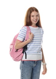 Photo of Happy teenage girl with backpack on white background