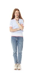 Photo of Beautiful teenage girl posing on white background