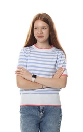 Photo of Beautiful teenage girl posing on white background