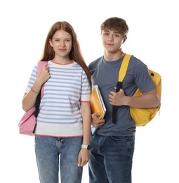 Photo of Teenage girl and boy with backpacks and notebooks on white background