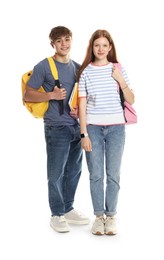 Photo of Teenage girl and boy with backpacks on white background