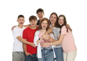 Photo of Group of happy teenagers posing on white background
