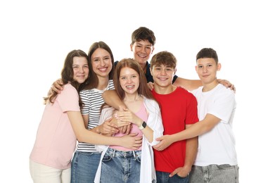 Photo of Group of happy teenagers posing on white background