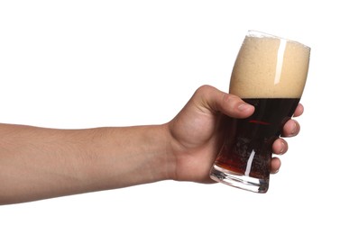 Photo of Man with glass of tasty beer on white background, closeup