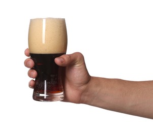Photo of Man with glass of tasty beer on white background, closeup