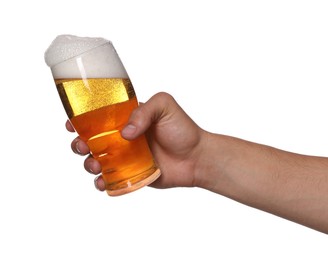 Photo of Man with glass of tasty beer on white background, closeup