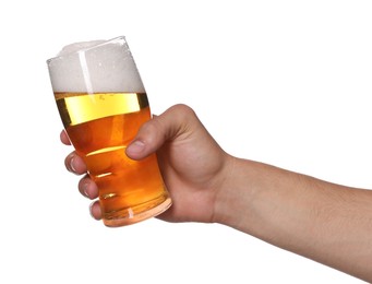 Photo of Man with glass of tasty beer on white background, closeup
