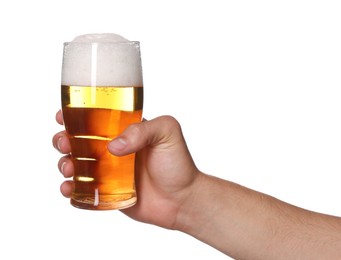 Photo of Man with glass of tasty beer on white background, closeup