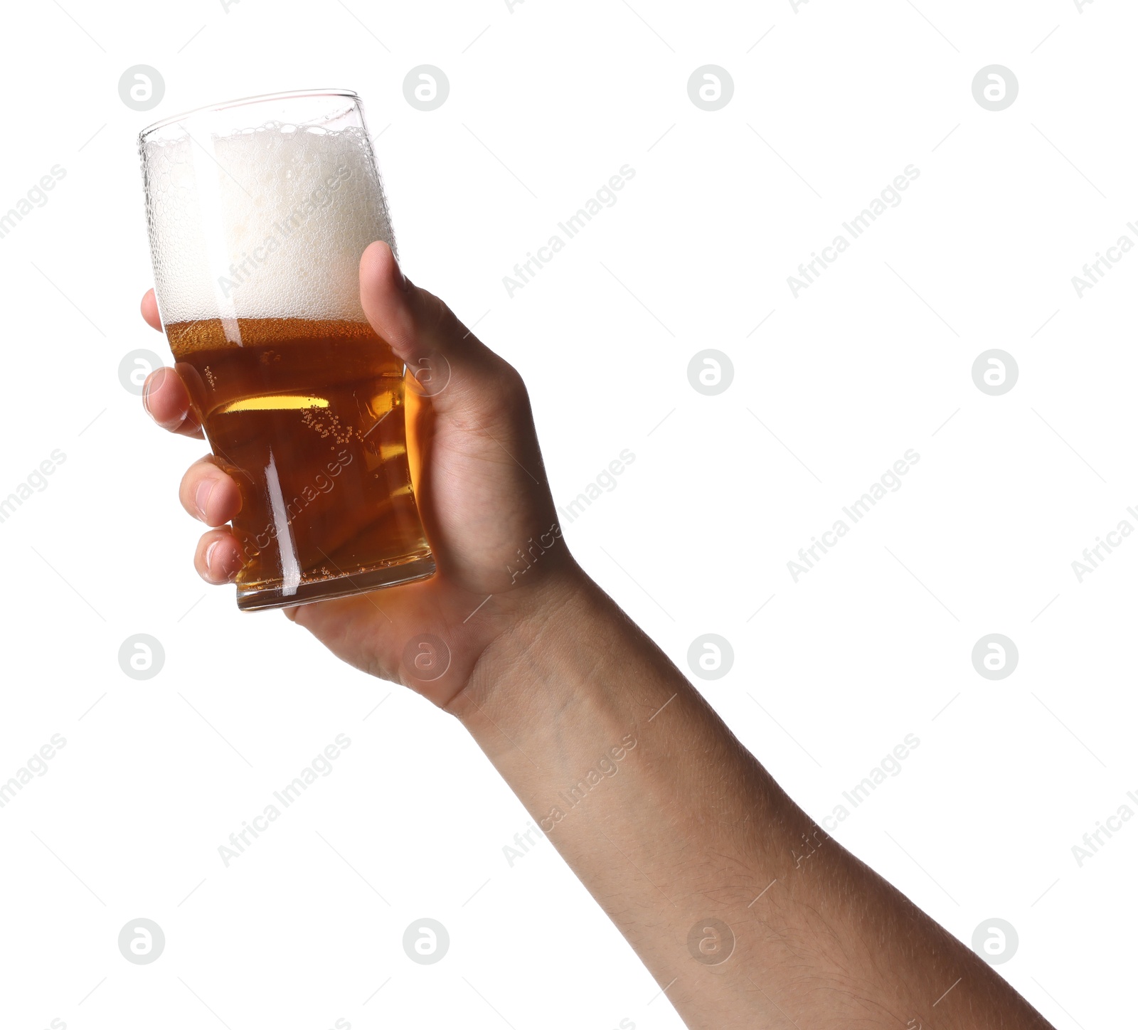 Man with glass of tasty beer on white background, closeup Photo of Man with glass of tasty beer on white background, closeup