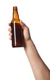 Photo of Man with bottle of tasty beer on white background, closeup