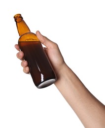 Photo of Man with bottle of tasty beer on white background, closeup