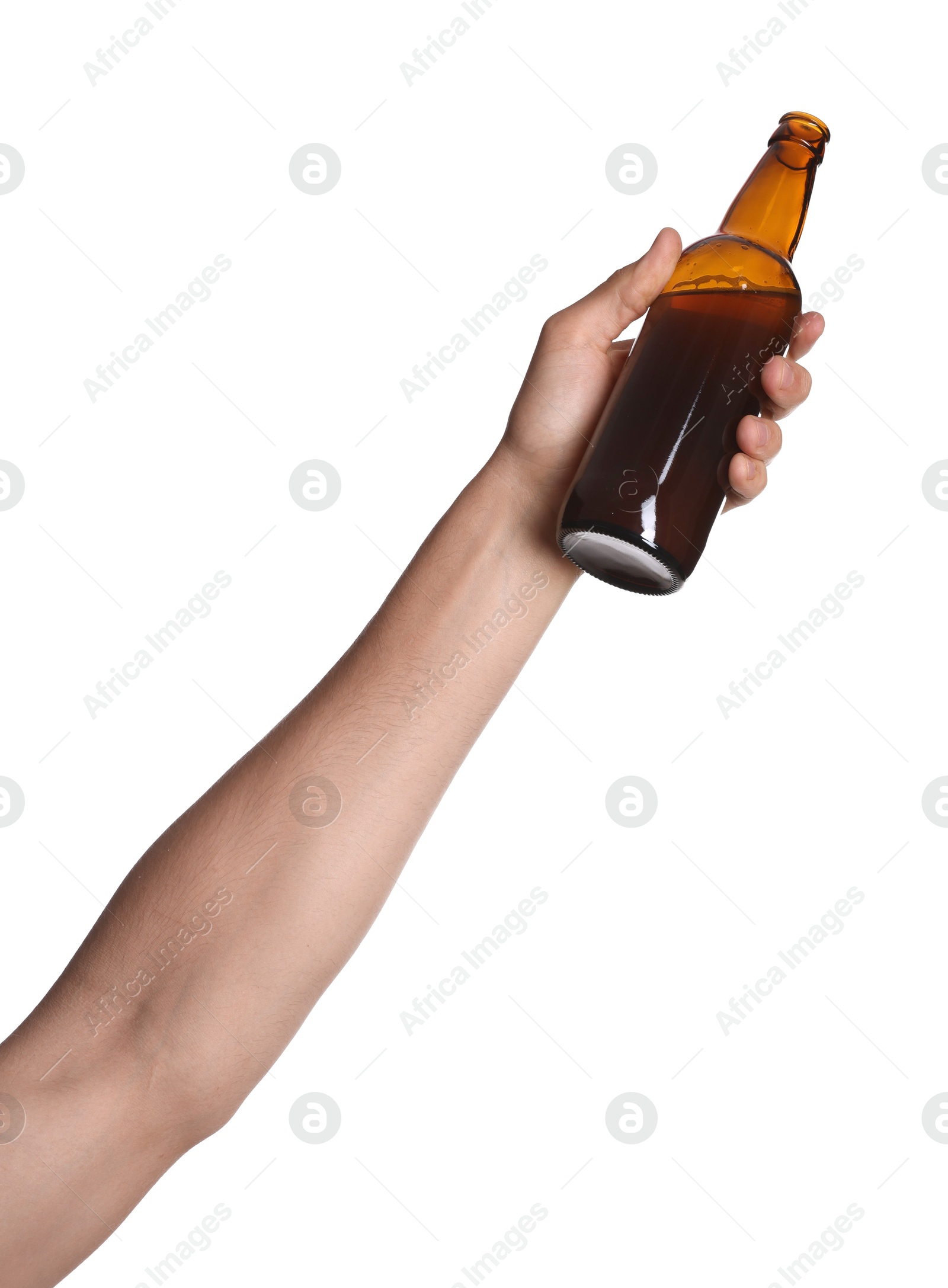 Man with bottle of tasty beer on white background, closeup Photo of Man with bottle of tasty beer on white background, closeup