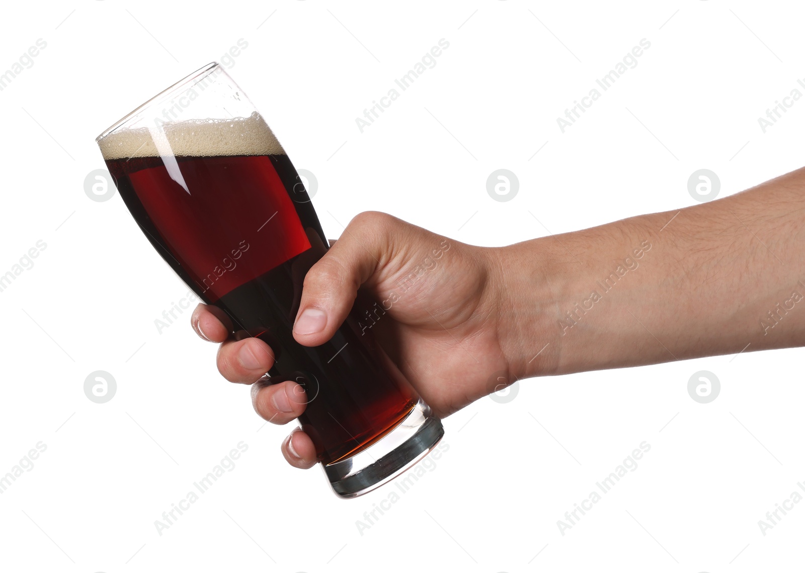 Man with glass of tasty beer on white background, closeup Photo of Man with glass of tasty beer on white background, closeup
