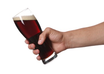 Photo of Man with glass of tasty beer on white background, closeup