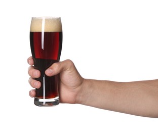 Photo of Man with glass of tasty beer on white background, closeup