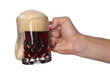 Photo of Man with glass mug of tasty beer on white background, closeup