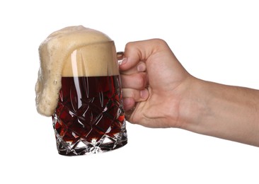 Photo of Man with glass mug of tasty beer on white background, closeup