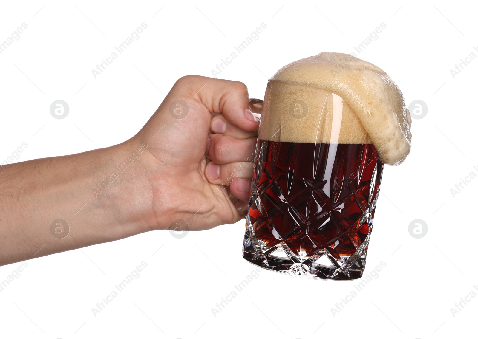 Man with glass mug of tasty beer on white background, closeup Photo of Man with glass mug of tasty beer on white background, closeup