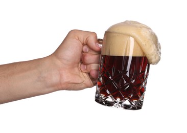 Photo of Man with glass mug of tasty beer on white background, closeup