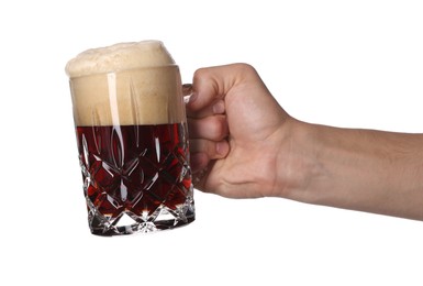 Photo of Man with glass mug of tasty beer on white background, closeup