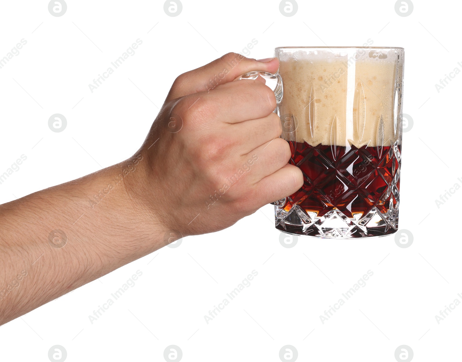 Man with glass mug of tasty beer on white background, closeup Photo of Man with glass mug of tasty beer on white background, closeup