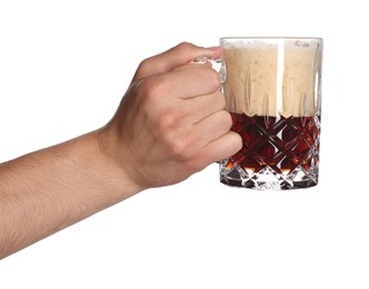 Photo of Man with glass mug of tasty beer on white background, closeup