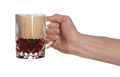 Photo of Man with glass mug of tasty beer on white background, closeup