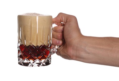 Photo of Man with glass mug of tasty beer on white background, closeup
