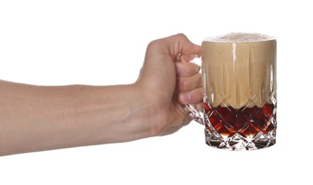 Photo of Man with glass mug of tasty beer on white background, closeup