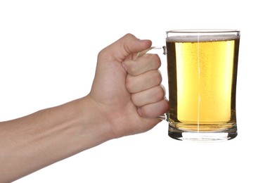 Photo of Man with glass mug of tasty beer on white background, closeup