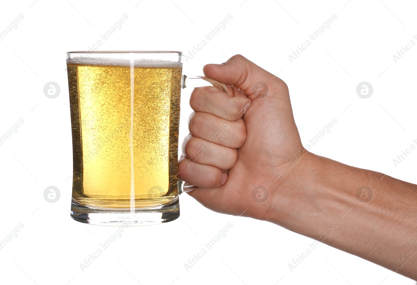 Man with glass mug of tasty beer on white background, closeup Photo of Man with glass mug of tasty beer on white background, closeup