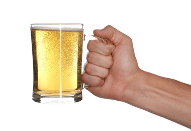 Photo of Man with glass mug of tasty beer on white background, closeup