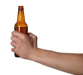 Photo of Man with bottle of tasty beer on white background, closeup