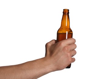 Photo of Man with bottle of tasty beer on white background, closeup