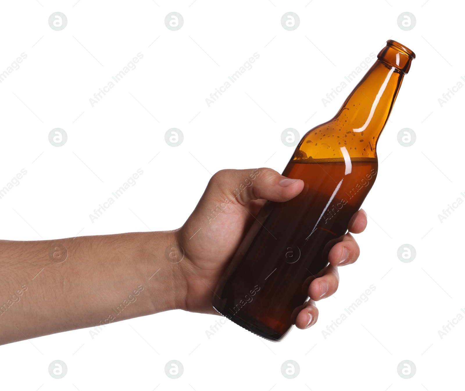 Man with bottle of tasty beer on white background, closeup Photo of Man with bottle of tasty beer on white background, closeup