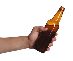 Photo of Man with bottle of tasty beer on white background, closeup