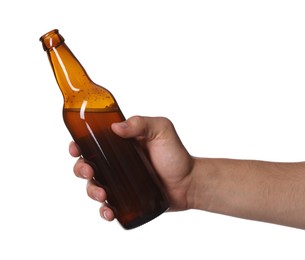 Photo of Man with bottle of tasty beer on white background, closeup