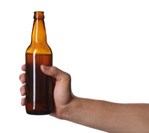 Photo of Man with bottle of tasty beer on white background, closeup