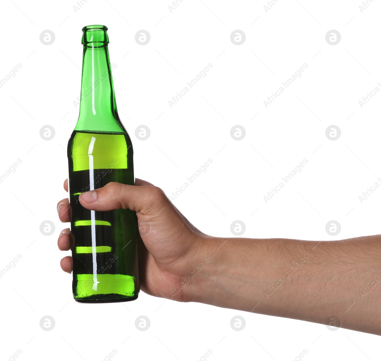 Man with bottle of tasty beer on white background, closeup Photo of Man with bottle of tasty beer on white background, closeup