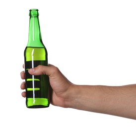 Photo of Man with bottle of tasty beer on white background, closeup