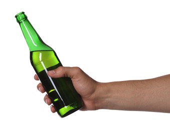 Photo of Man with bottle of tasty beer on white background, closeup