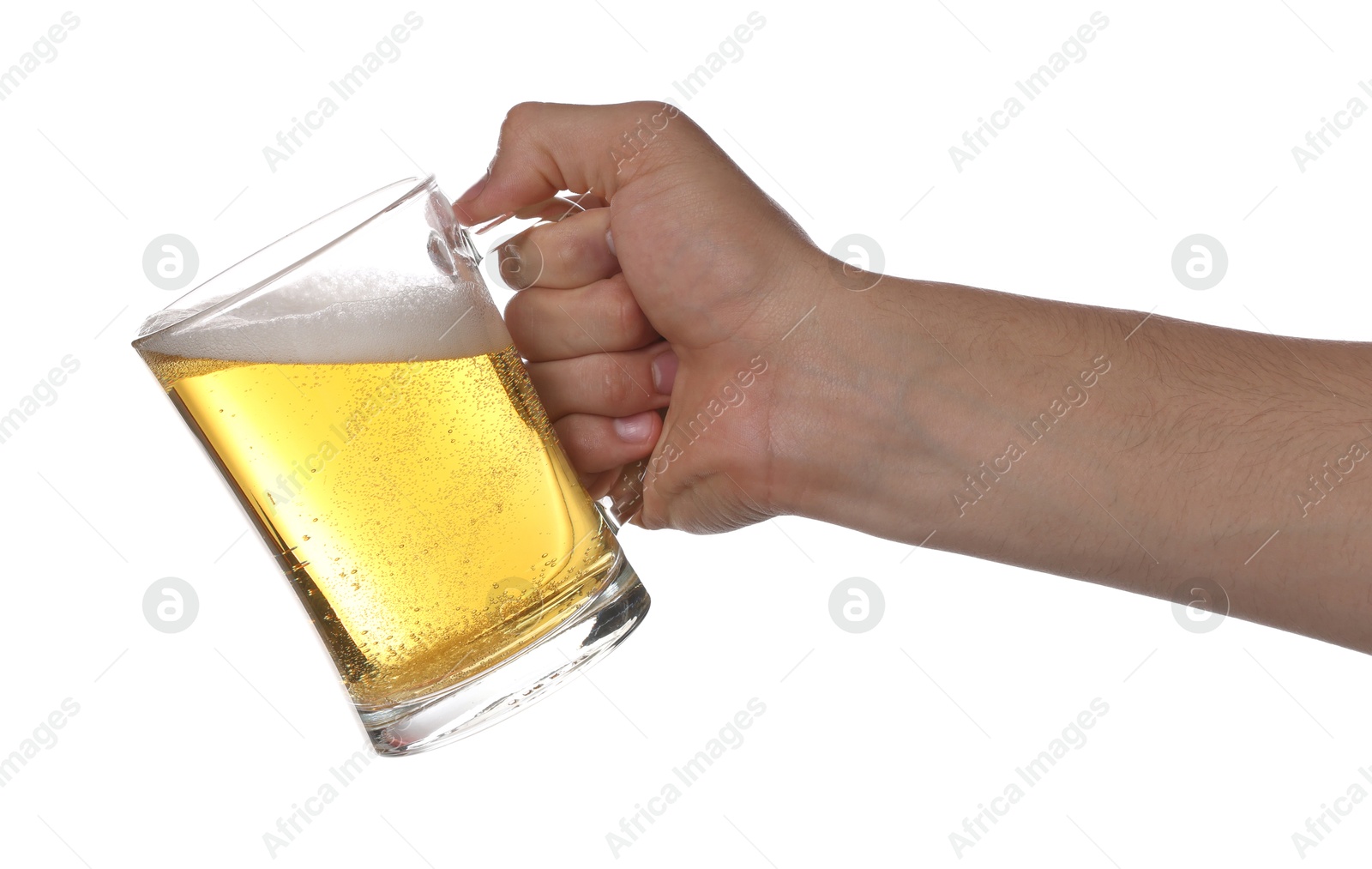 Man with glass mug of tasty beer on white background, closeup Photo of Man with glass mug of tasty beer on white background, closeup