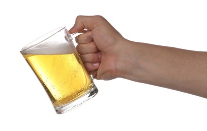 Photo of Man with glass mug of tasty beer on white background, closeup
