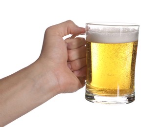 Photo of Man with glass mug of tasty beer on white background, closeup