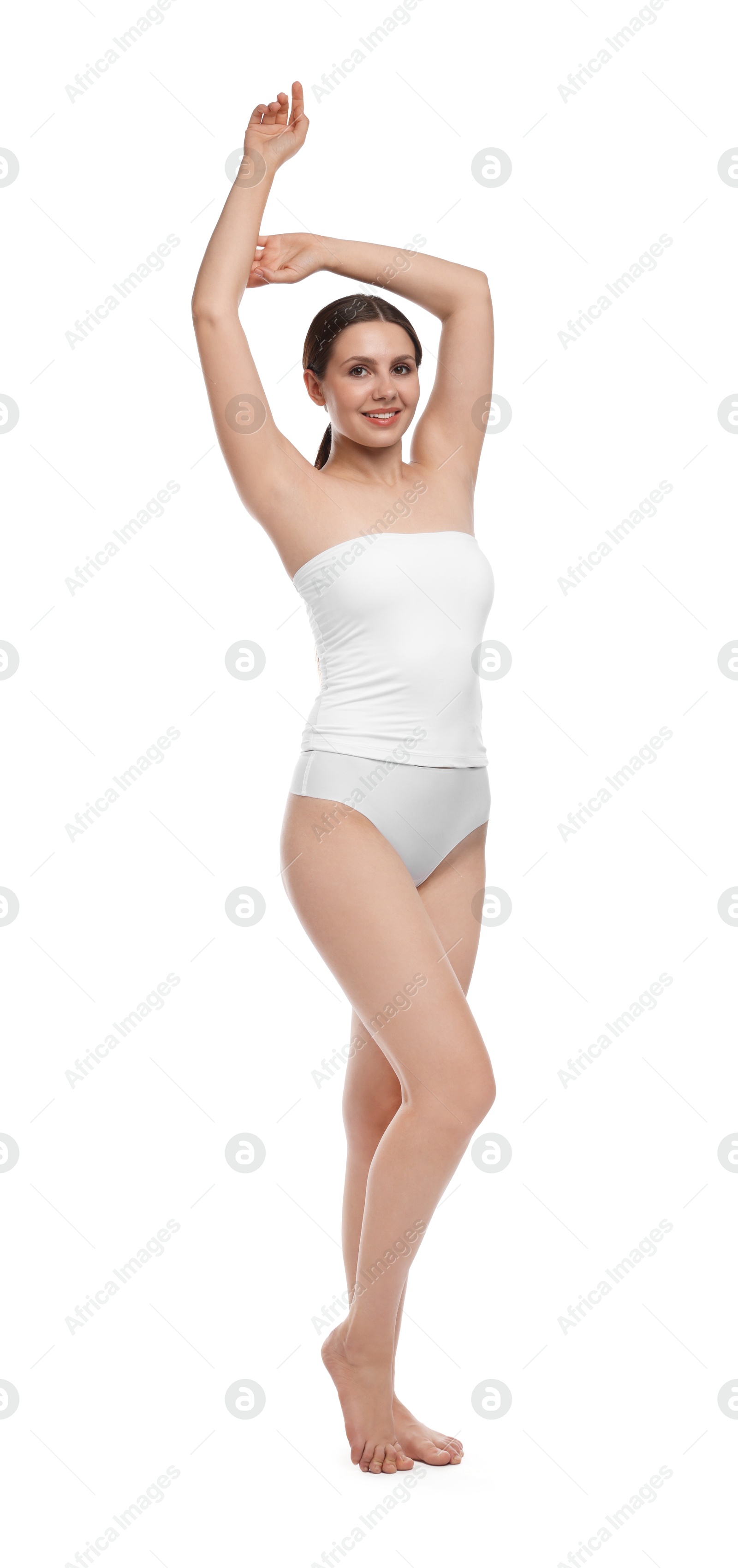 Beautiful woman in underwear on white background Photo of Beautiful woman in underwear on white background