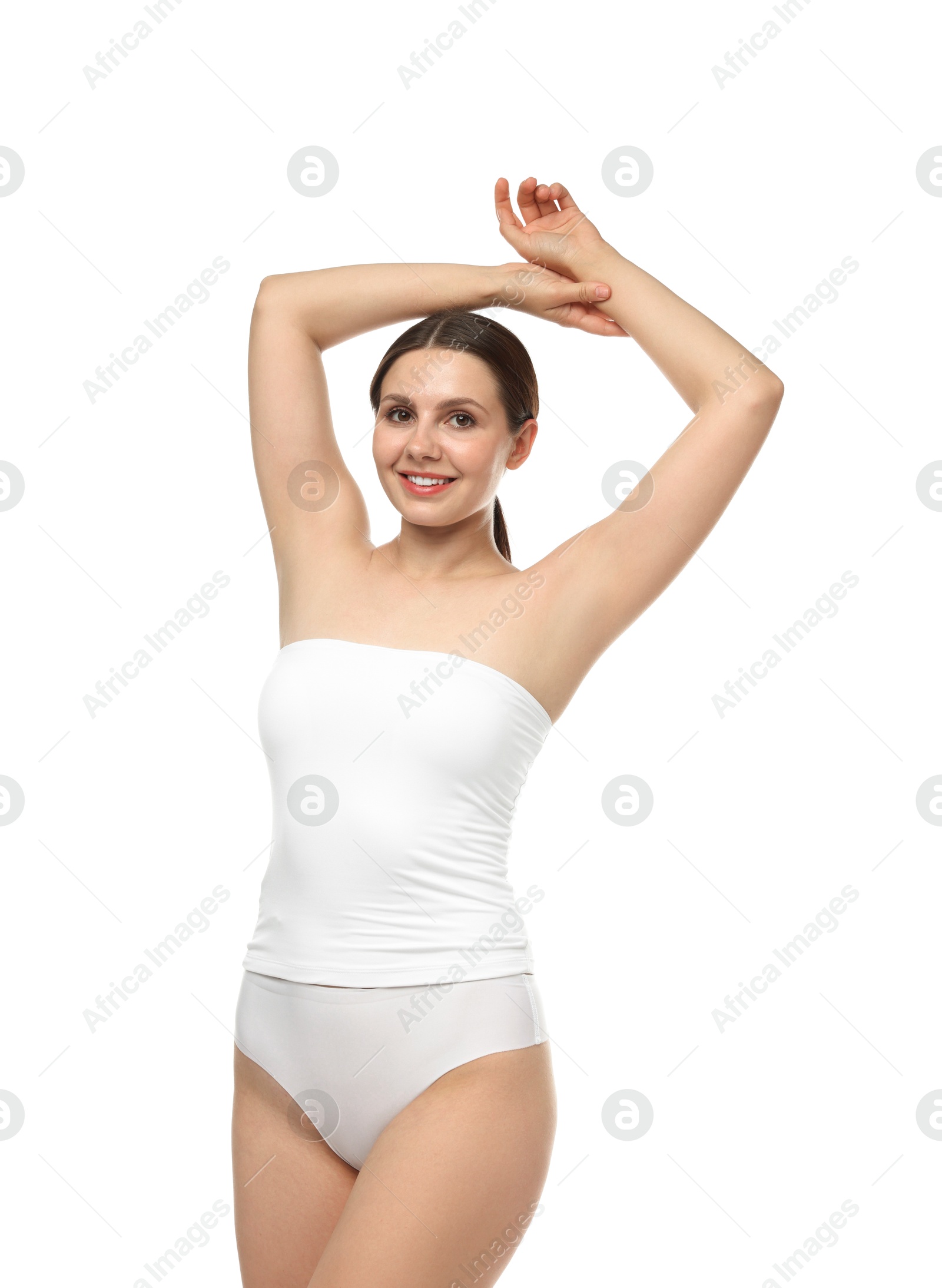 Beautiful woman in underwear on white background Photo of Beautiful woman in underwear on white background