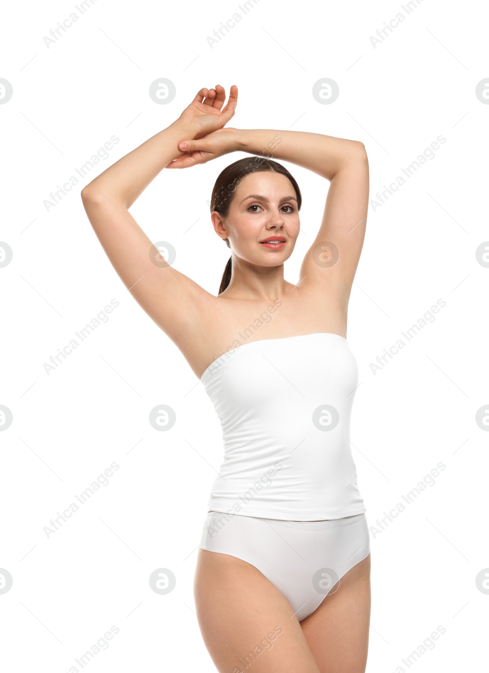 Beautiful woman in underwear on white background Photo of Beautiful woman in underwear on white background