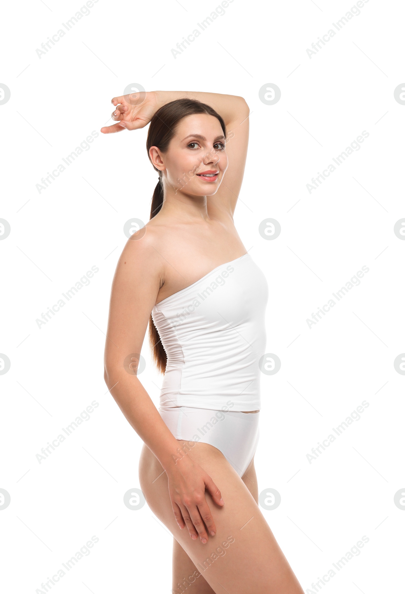 Beautiful woman in underwear on white background Photo of Beautiful woman in underwear on white background