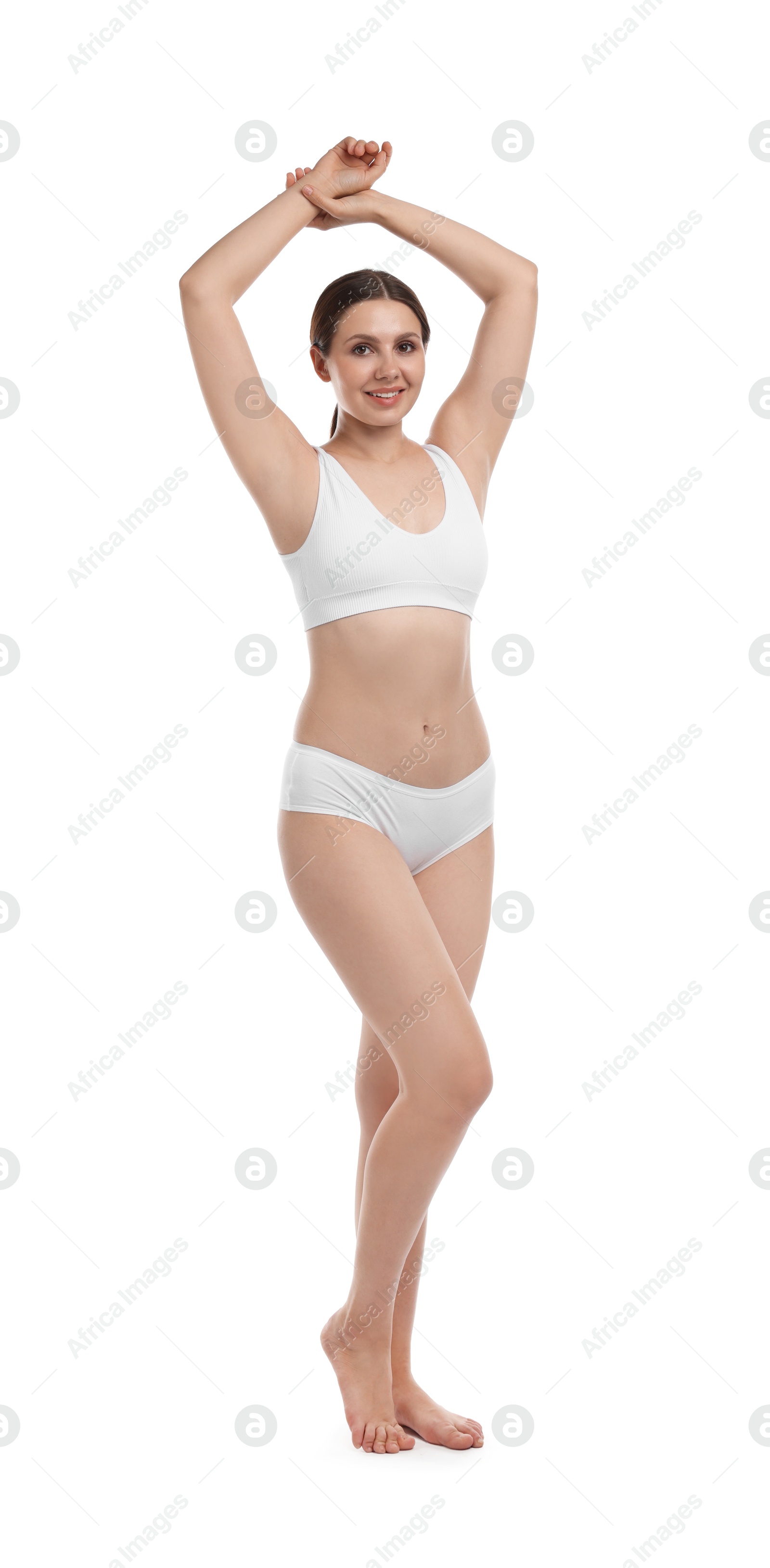 Beautiful woman in underwear on white background Photo of Beautiful woman in underwear on white background