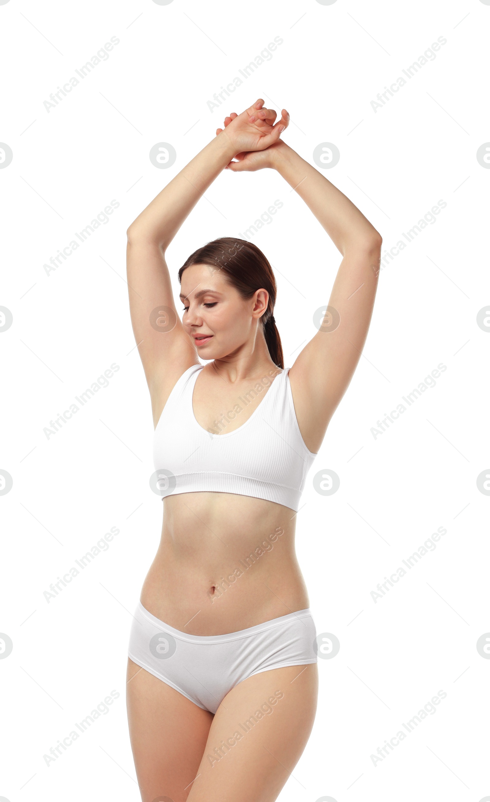 Beautiful woman in underwear on white background Photo of Beautiful woman in underwear on white background